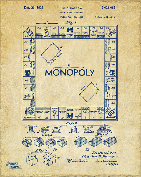 Monopoly Poster featuring the drawing 1935 Monopoly Game Board Patent Artwork - Vintage by Nikki Marie Smith