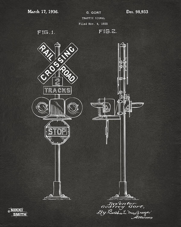 Rail Road Poster featuring the digital art 1936 Rail Road Crossing Sign Patent Artwork - Gray by Nikki Marie Smith