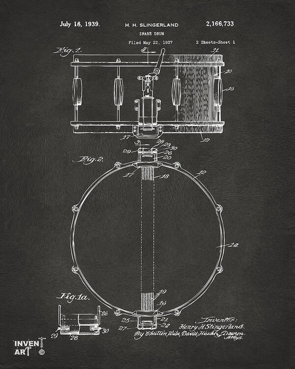 Drum Poster featuring the digital art 1939 Snare Drum Patent Gray by Nikki Marie Smith
