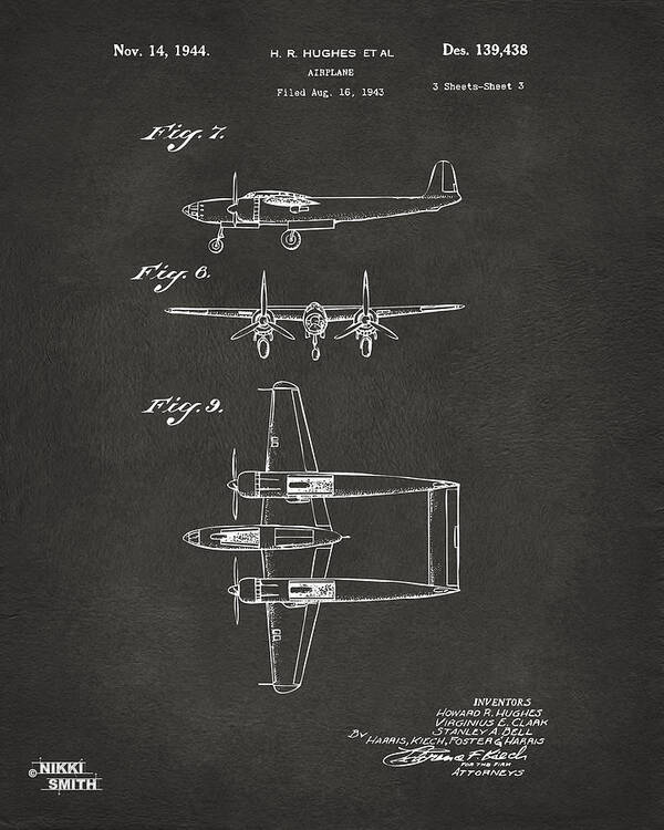 Howard Hughes Poster featuring the digital art 1944 Howard Hughes Airplane Patent Artwork 3 - Gray by Nikki Marie Smith