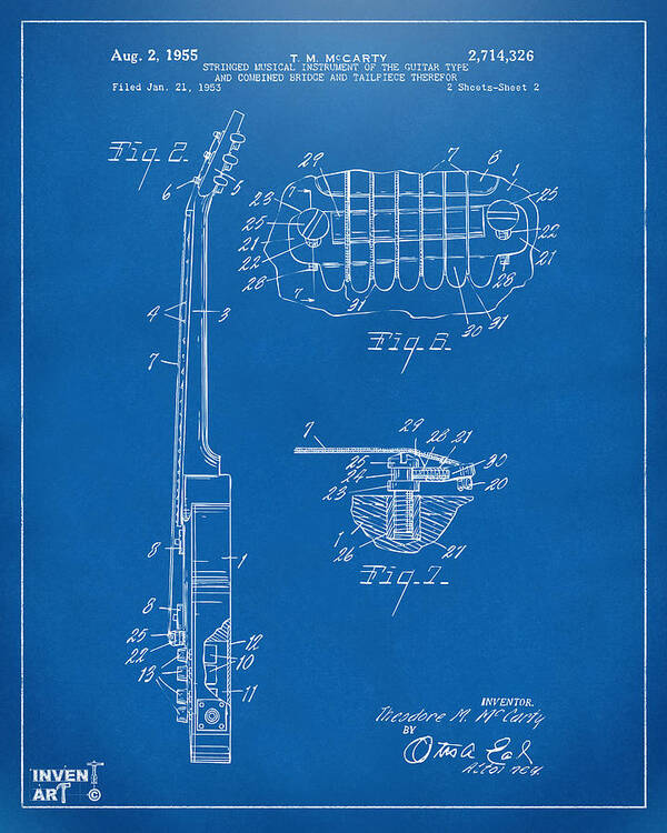 Guitar Poster featuring the digital art 1955 McCarty Gibson Les Paul Guitar Patent Artwork 2 Blueprint by Nikki Marie Smith