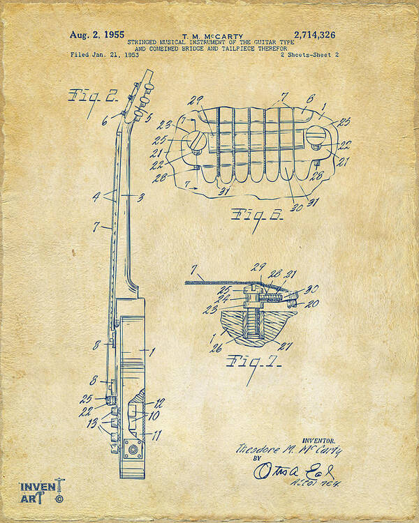 Guitar Poster featuring the digital art 1955 McCarty Gibson Les Paul Guitar Patent Artwork 2 Vintage by Nikki Marie Smith