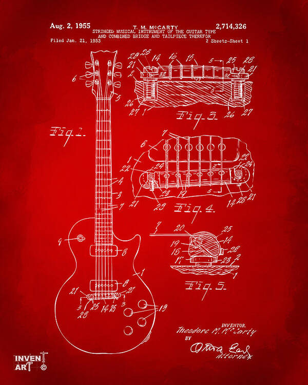 Guitar Poster featuring the digital art 1955 McCarty Gibson Les Paul Guitar Patent Artwork Red by Nikki Marie Smith