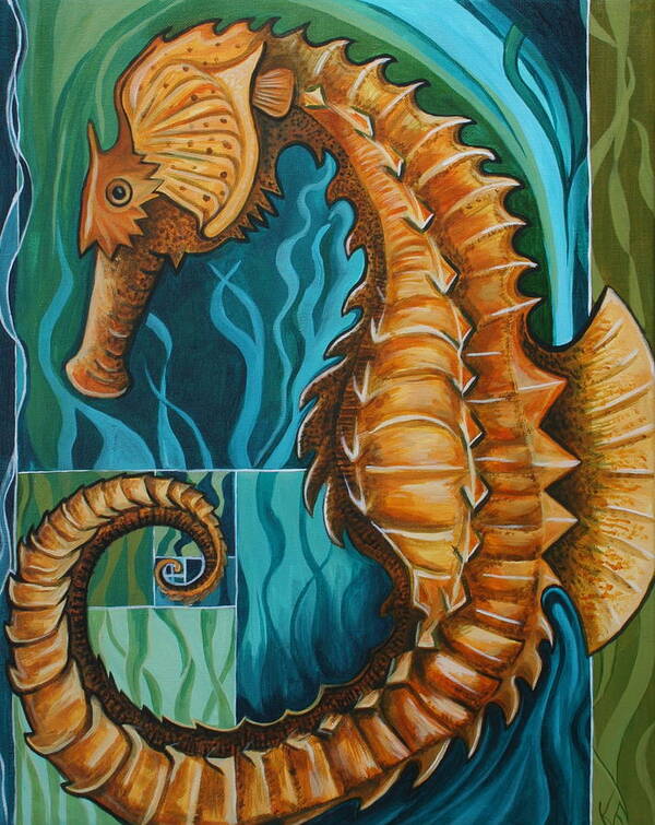 Seahorse Poster featuring the painting Golden Seahorse #2 by Kate Fortin