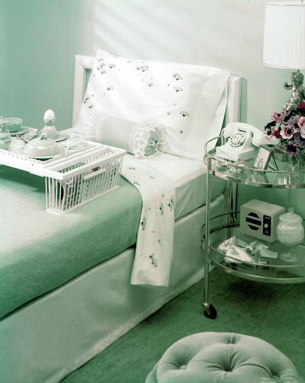 Indoors Poster featuring the photograph A Green Bedroom With A Breakfast Tray On The Bed by Haanel Cassidy