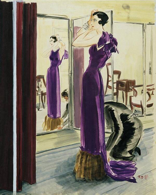 Illustration Poster featuring the digital art A Woman Wearing A Purple Augustabernard Evening by Rene Bouet-Willaumez