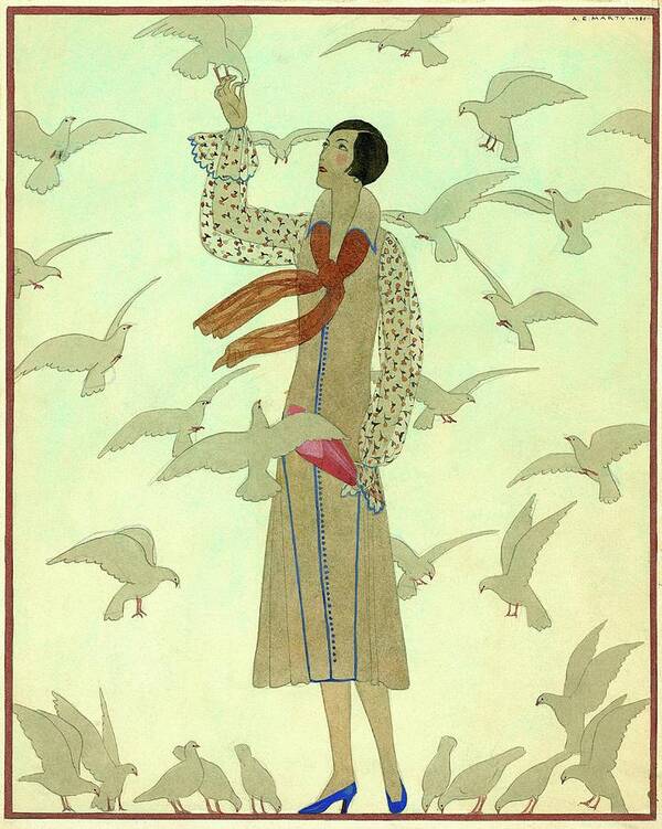 Animal Poster featuring the digital art A Woman With Pigeons by Andre E. Marty