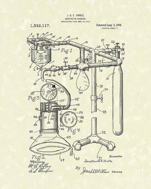 Hinkle Poster featuring the drawing Anesthetic Machine 1919 Patent Art by Prior Art Design