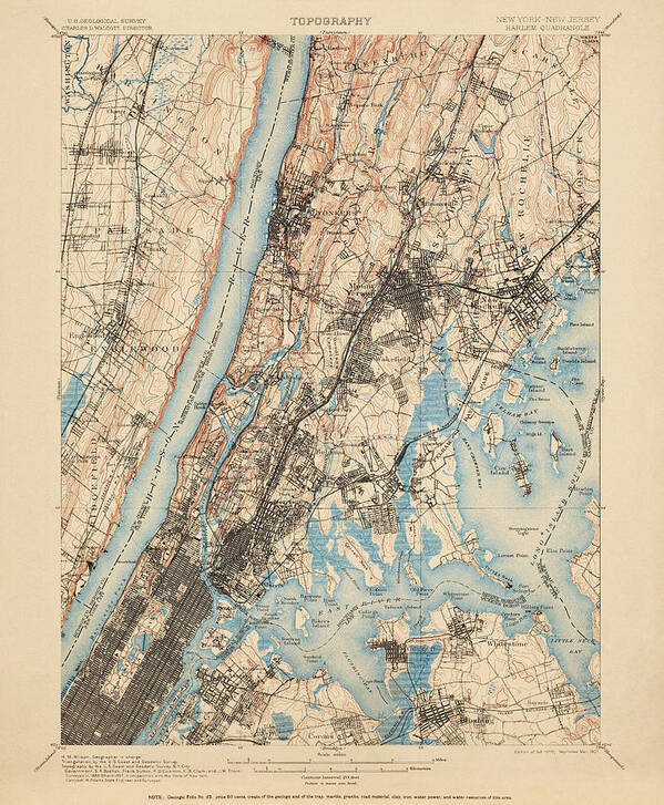 New York City Poster featuring the drawing Antique Map of New York City - USGS Topographic Map - 1900 by Blue Monocle