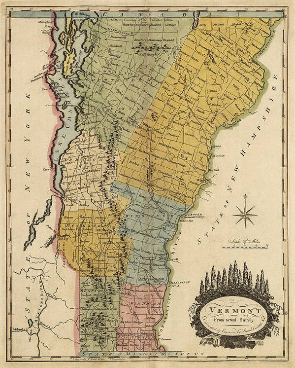 Vermont Poster featuring the drawing Antique Map of Vermont by Mathew Carey - 1814 by Blue Monocle