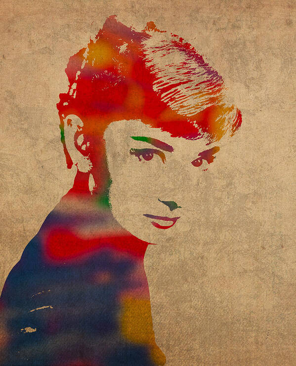 Audrey Hepburn Actress Watercolor Portrait On Worn Distressed Canvas Poster featuring the mixed media Audrey Hepburn Watercolor Portrait on Worn Distressed Canvas by Design Turnpike