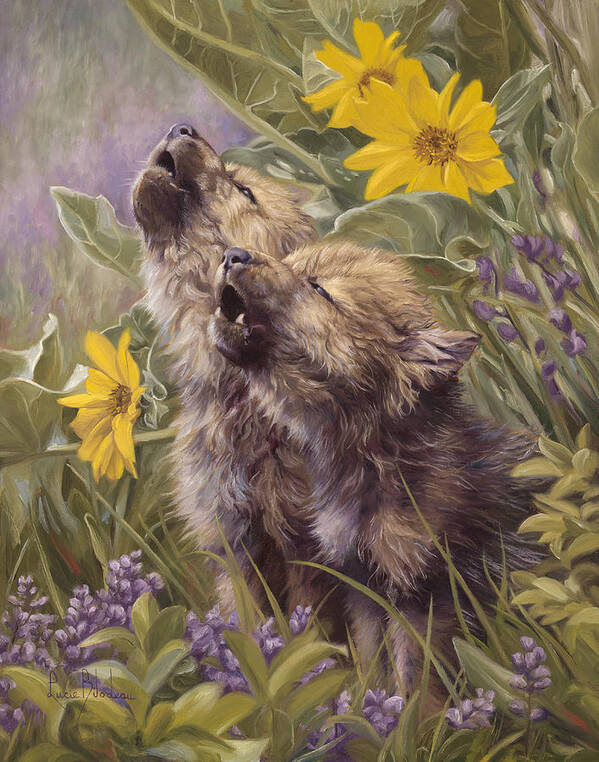 Wolf Poster featuring the painting Baby Wolves Howling by Lucie Bilodeau