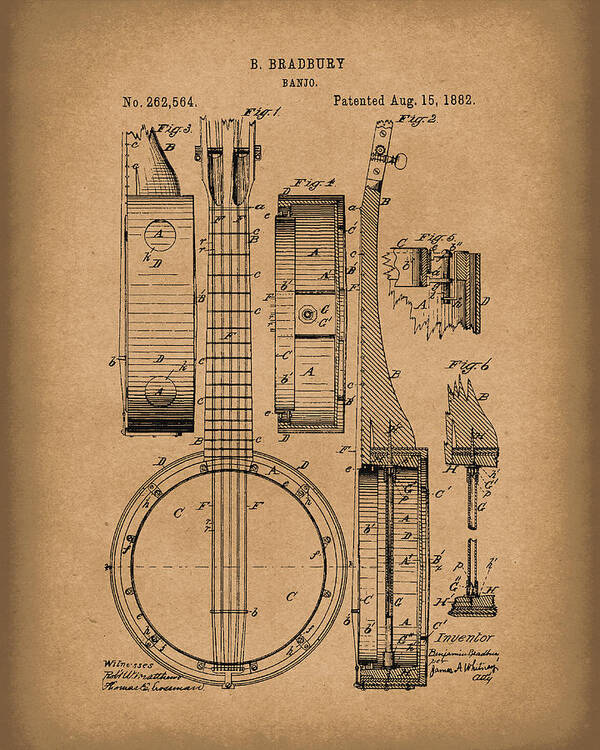 Bradbury Poster featuring the drawing Banjo 1882 Patent Art Brown by Prior Art Design