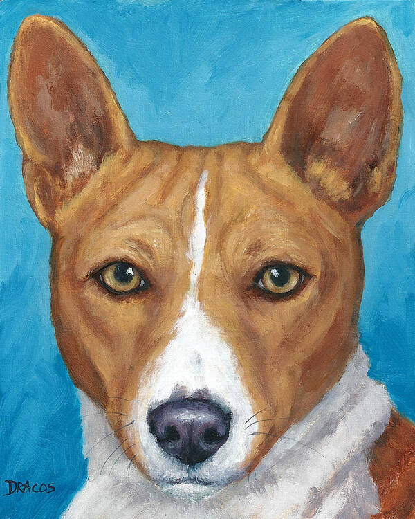 Basenji Poster featuring the painting Basenji Portrait on Blue by Dottie Dracos