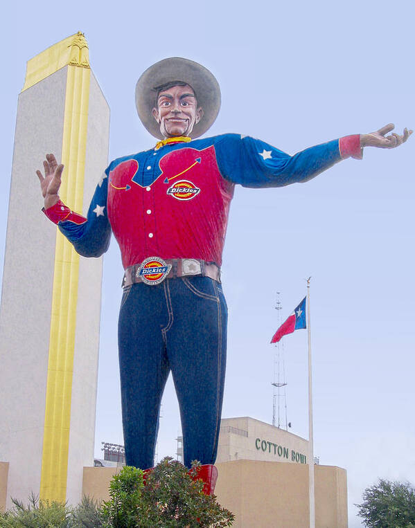 Dallas Poster featuring the photograph Big Tex and the Cotton Bowl by David and Carol Kelly