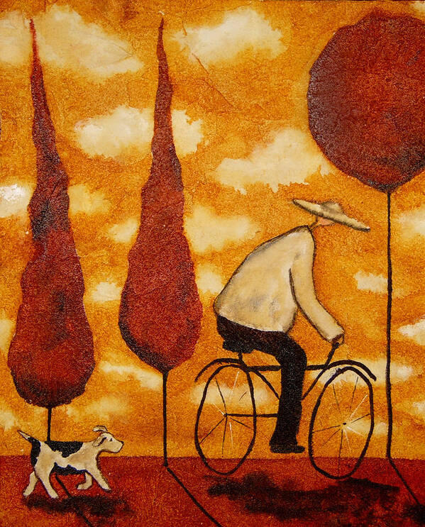 Dog Poster featuring the painting Bike Ride Dog Terrier Animal Pet Autumn Italian Whimsical Folk Debi Hubbs Children Art by Debi Hubbs
