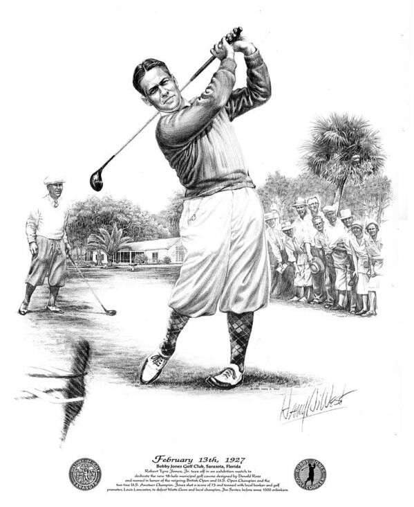 Golf Poster featuring the drawing Bobby Jones at Sarasota - black on white by Harry West