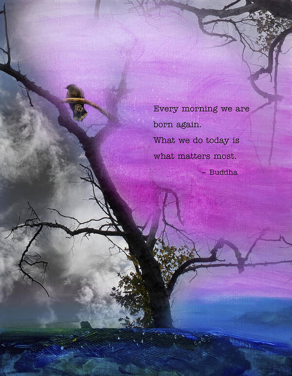Inspirational Poster featuring the mixed media Born Again - Tree art with Buddha Quote by Stella Levi
