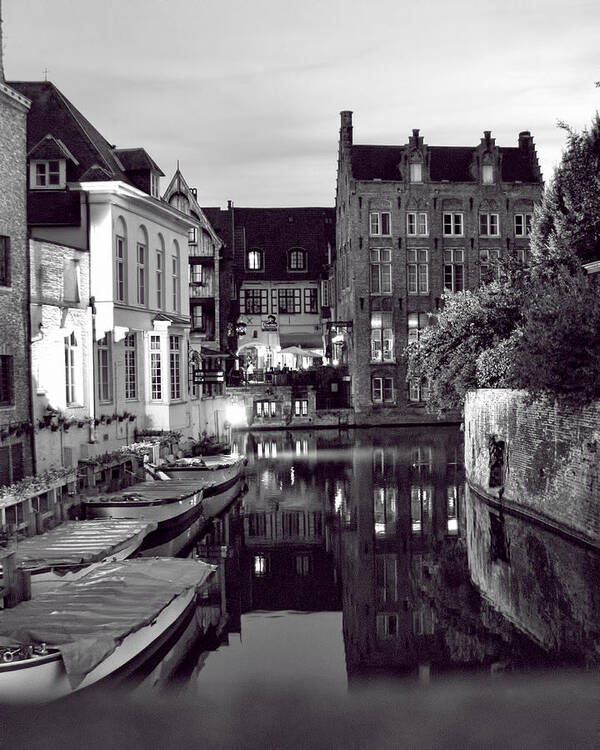 Bruges Canal In Black And White Poster featuring the photograph Bruges Canal in Black and White by Phyllis Taylor