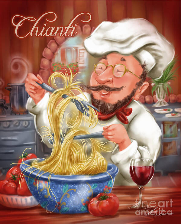 Waiter Poster featuring the mixed media Busy Chef with Chianti by Shari Warren