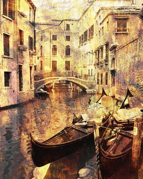 Gondolas Poster featuring the photograph Canal and Docked Gondolas in Venice by Greg Matchick