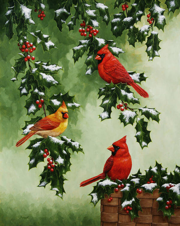 Bird Poster featuring the painting Cardinals and Holly - Version with Snow by Crista Forest