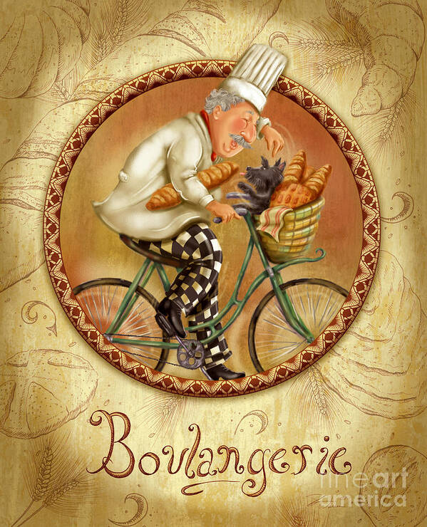 Chef Poster featuring the mixed media Chefs on Bikes-Boulangerie by Shari Warren