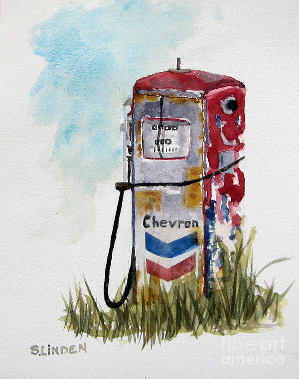 Painting Of An Old Abandoned Chevron Gasoline Pump Poster featuring the painting Chevron by Sandy Linden