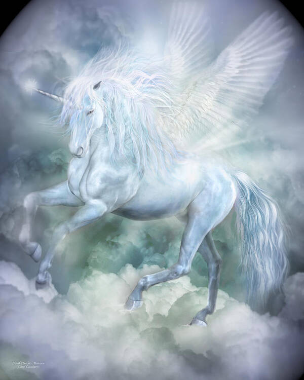Unicorn Poster featuring the mixed media Unicorn Cloud Dancer by Carol Cavalaris