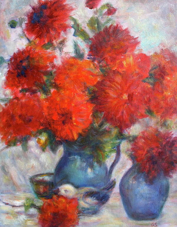 Passion Poster featuring the painting Dahlias in Complementary Original Impressionist Painting - Still-life - Vibrant - Contemporary by Quin Sweetman