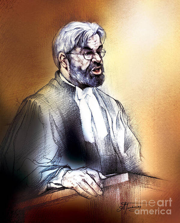 Crown Attorney Poster featuring the painting Crown Attorney Jim Hughes at his closing address during Paul Poby trial by Alex Tavshunsky