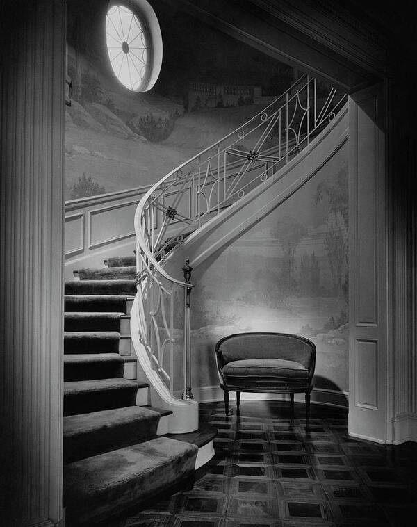Interior Poster featuring the photograph Curving Staircase In The Home Of W. E. Sheppard by Maynard Parker