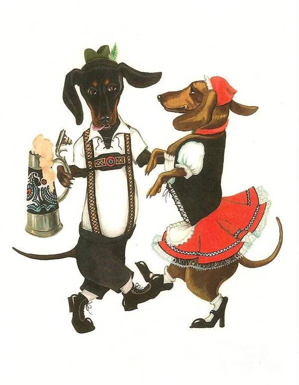 Painting Poster featuring the painting Dancing Dachshunds by Margaryta Yermolayeva