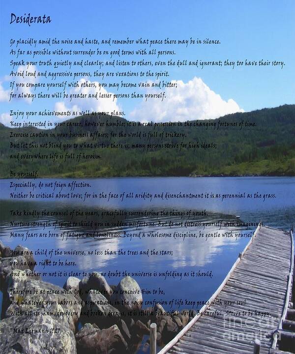 Desiderata Poster featuring the photograph Desiderata on Pond Scene with Mountains by Barbara A Griffin