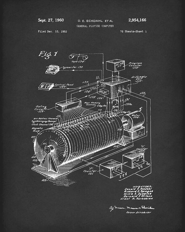 Eckdahl Poster featuring the drawing Eckdahl Computer 1960 Patent Art Black by Prior Art Design