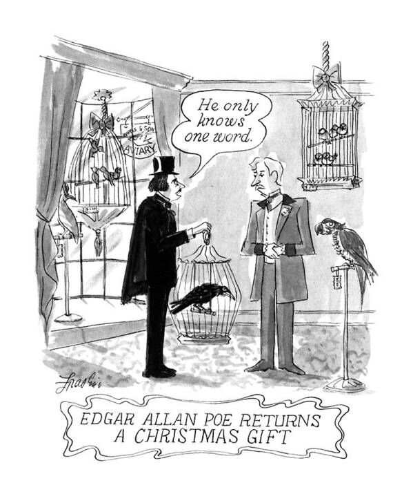 Edgar Allan Poe Returns A Christmas Gift
(poe Returns Raven To Bird Shop Poster featuring the drawing Edgar Allan Poe Returns A Christmas Gift by Edward Frascino