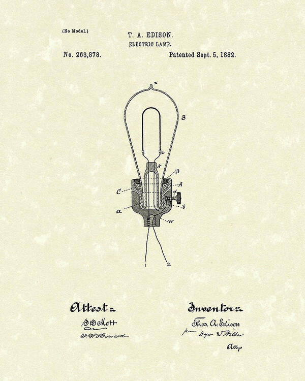 Edison Poster featuring the drawing Edison Electric Lamp 1882 Patent Art by Prior Art Design