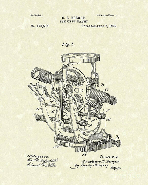 Berger Poster featuring the drawing Engineer's Transit 1892 Patent Art by Prior Art Design