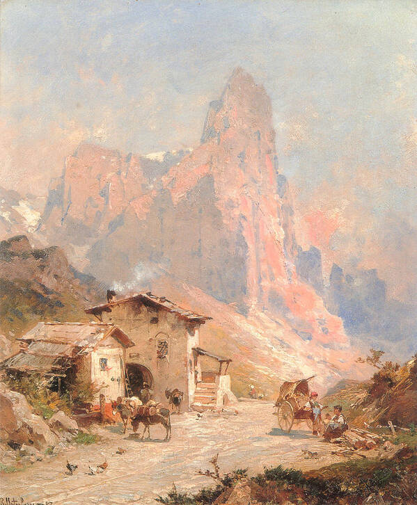 Franz Richard Unterberger Poster featuring the digital art Figures in a Village in the Dolomites by Franz Richard Unterberger