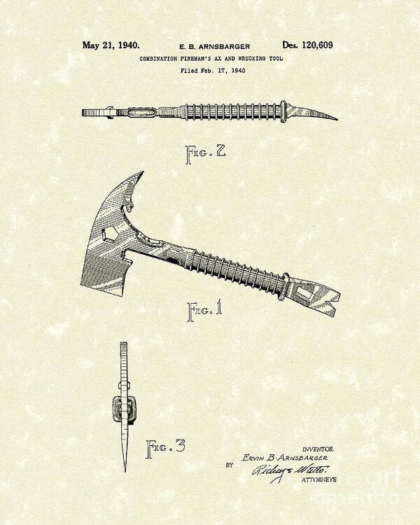 Arnsbarger Poster featuring the drawing Fireman's Axe 1940 Patent Art by Prior Art Design