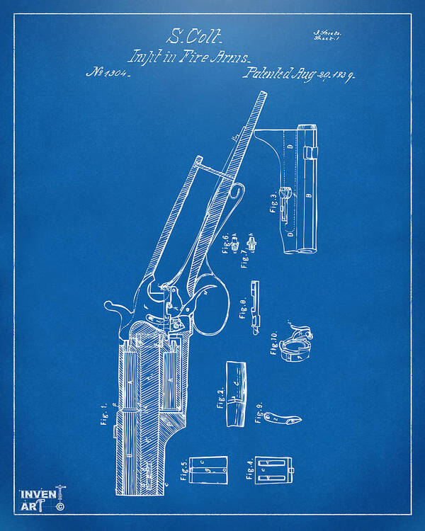 Colt Poster featuring the digital art 1839 Colt Revolver Patent Artwork Blueprint by Nikki Marie Smith