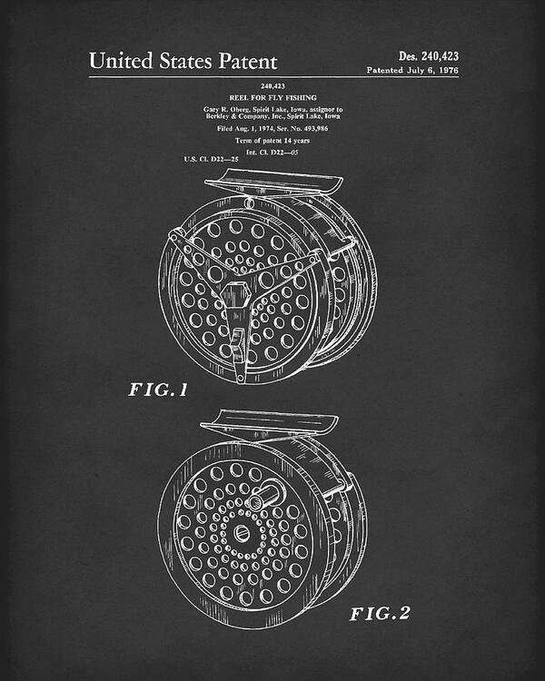 Oberg Poster featuring the drawing Fly Fishing Reel 1976 Patent Art Black by Prior Art Design