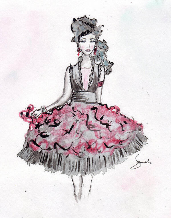 Janelle Nichol Poster featuring the mixed media Red and Black party dress sketch by Janelle Nichol