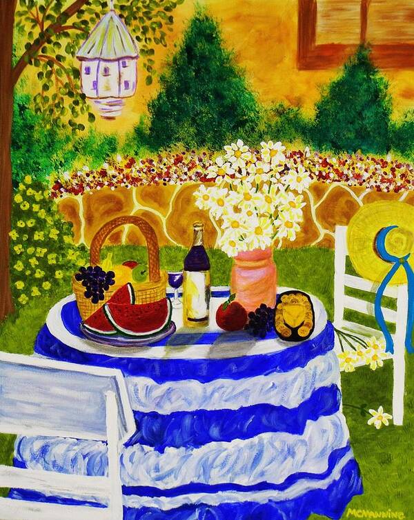 Colorful Backyard Picnic Scene Art Prints Poster featuring the painting Garden Party by Celeste Manning