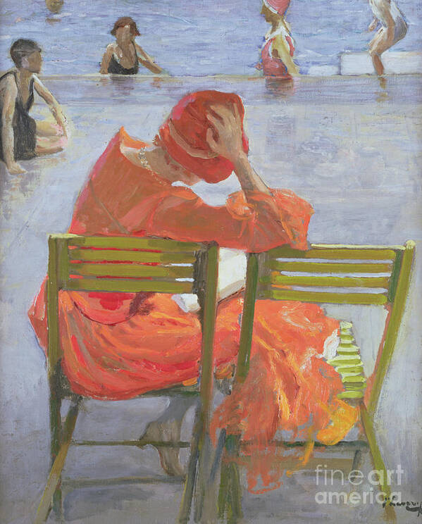 Blue Poster featuring the painting Girl in a red dress reading by a swimming pool by John Lavery