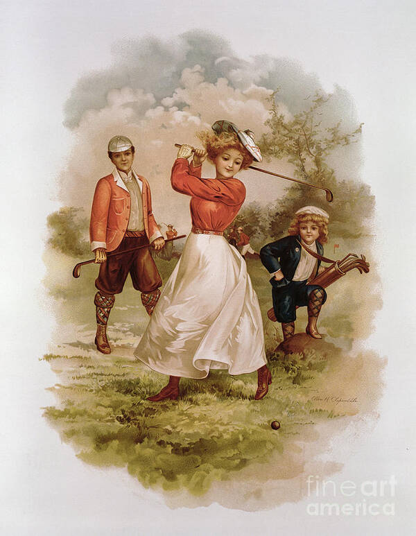 Playing; Golfers; Golfer; Player; Players; Male; Female; Couple; Child; Boy; Caddy; Family; Costume; Sport; Pastimes; Leisure; Outdoors; Game; Woman Golfer; Golf Poster featuring the painting Golfing by Ellen Hattie Clapsaddle