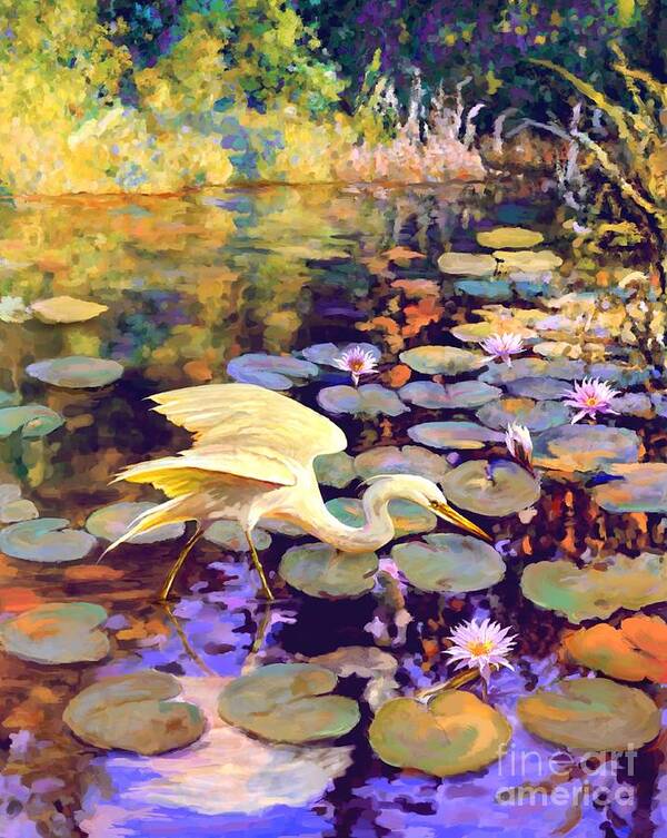 Water Bird Poster featuring the painting Heron in Lily Pond by David Van Hulst