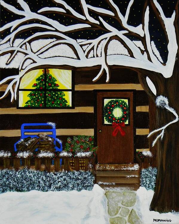 Christmas At The Cabin Poster featuring the painting Holiday Cabin by Celeste Manning