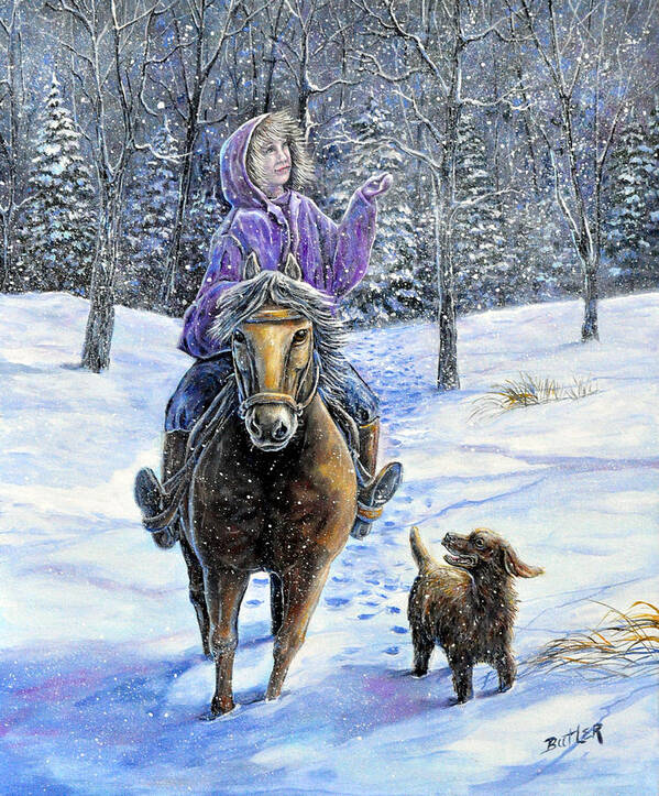 Nature Landscape Girl Ride Horse Dog Snow Country Friend Poster featuring the painting If Snowflakes Were Wishes by Gail Butler