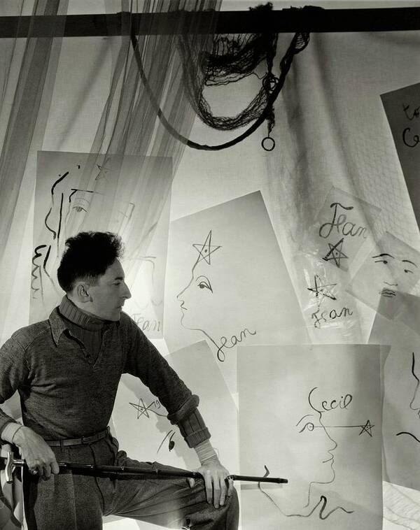 Illustration Poster featuring the photograph Jean Cocteau With A Cane And Drawings by Cecil Beaton